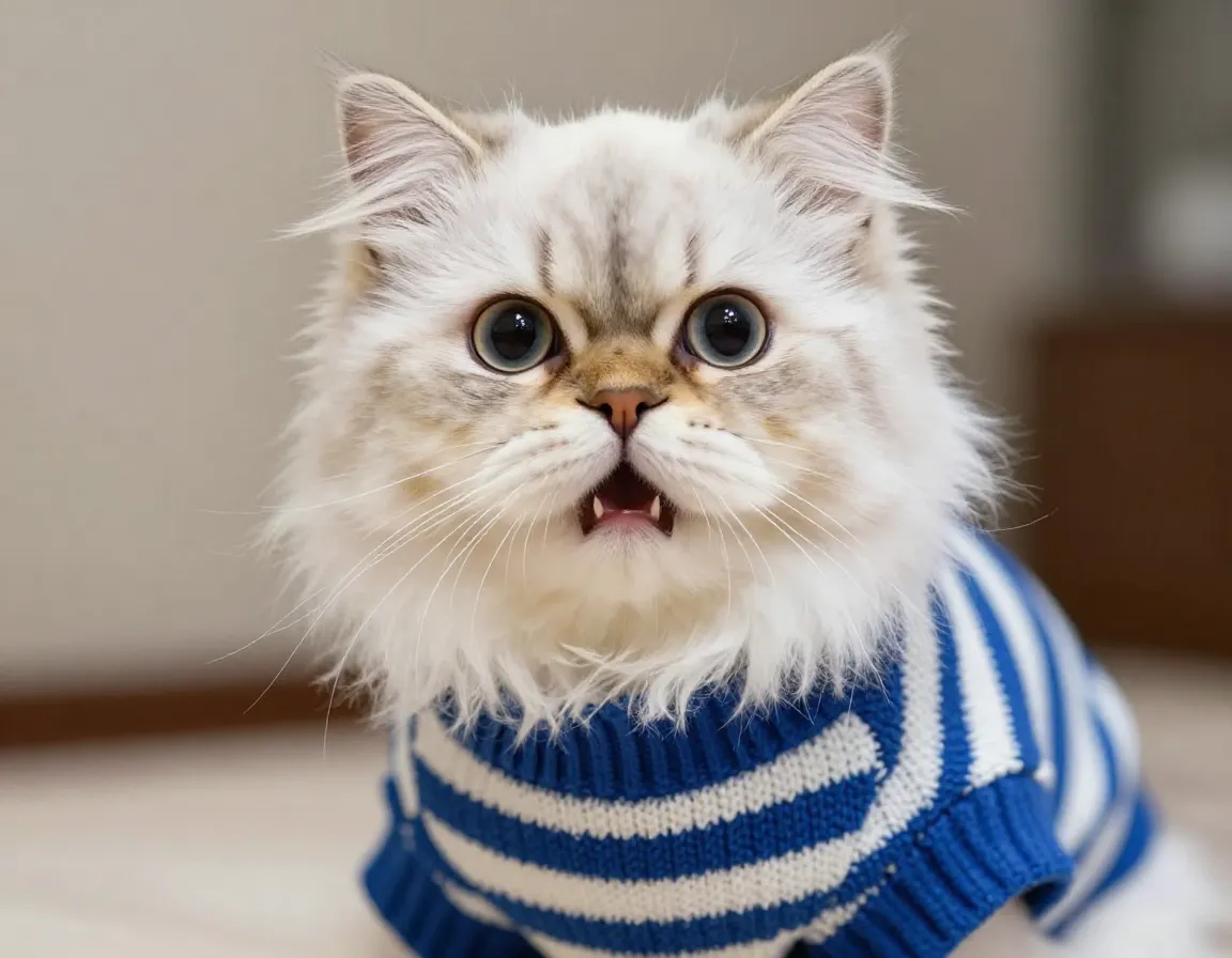 Surprised long haired persian cat in blue white striped sweater