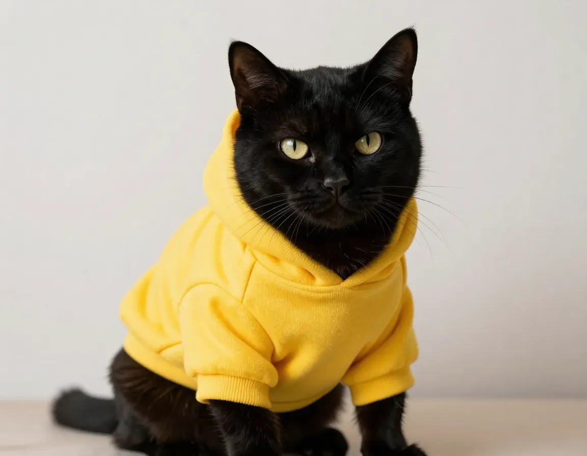 Defiant black cat wearing bright yellow hoodie style sweater