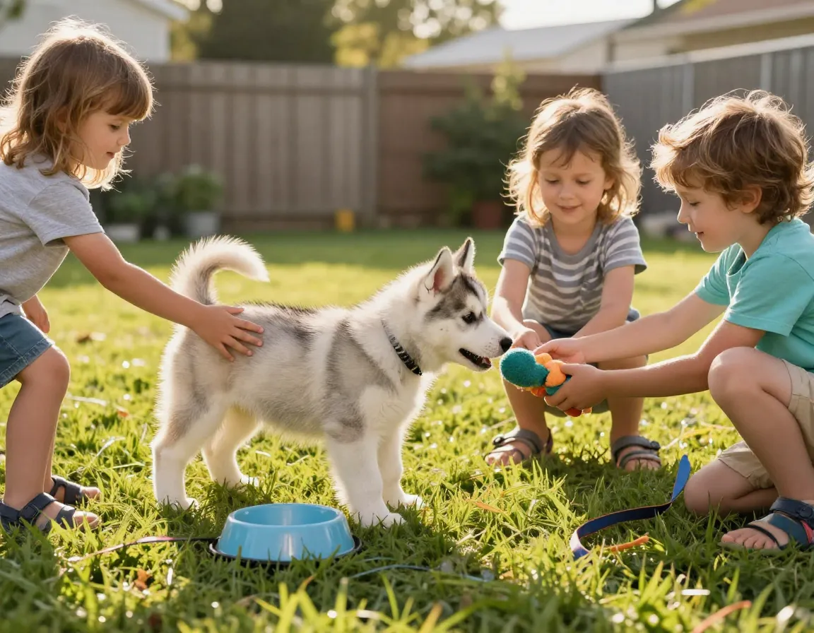 Eight week old husky puppy socializing with children in sunny backyard