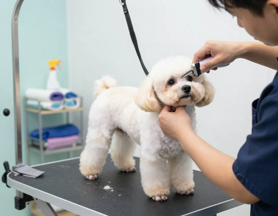 Professional groomer trimming a toy poodle on a grooming table