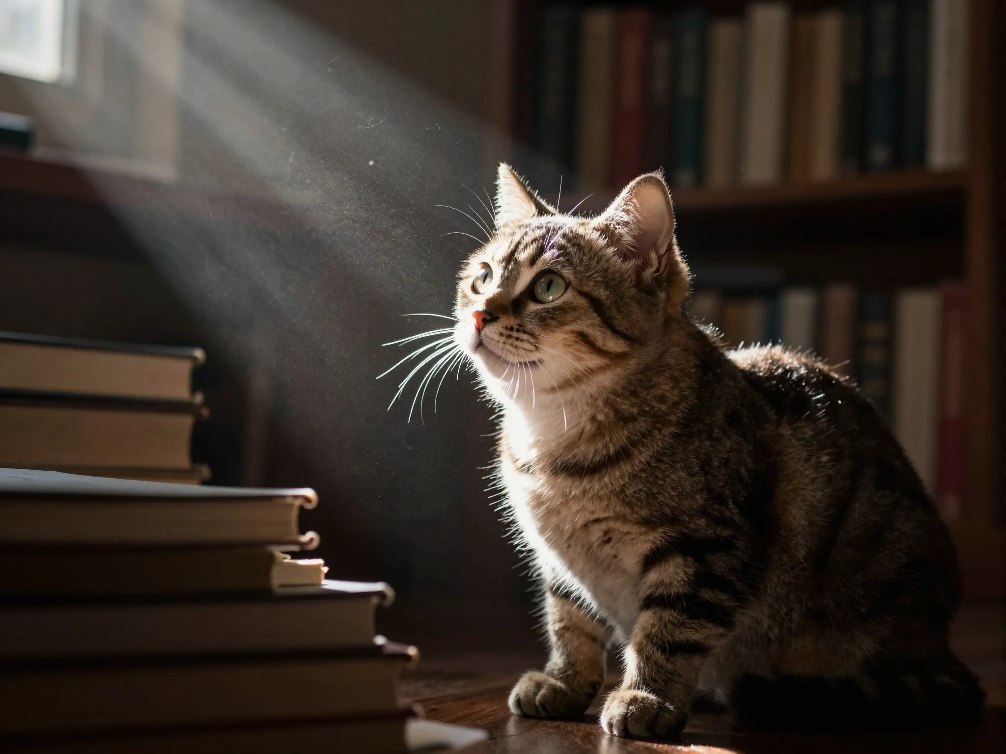 Purr fessor whiskers kitten studying sunbeam thoughtfully