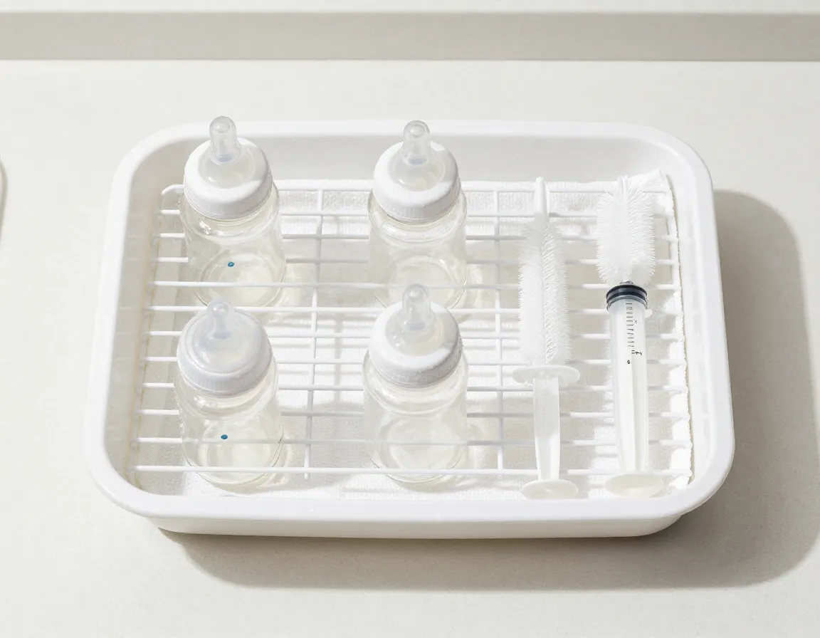 Sterilized kitten feeding equipment drying on a clean rack