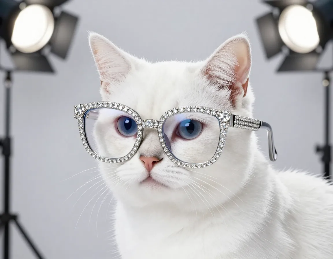 White cat with crystal embellished glasses under studio lights