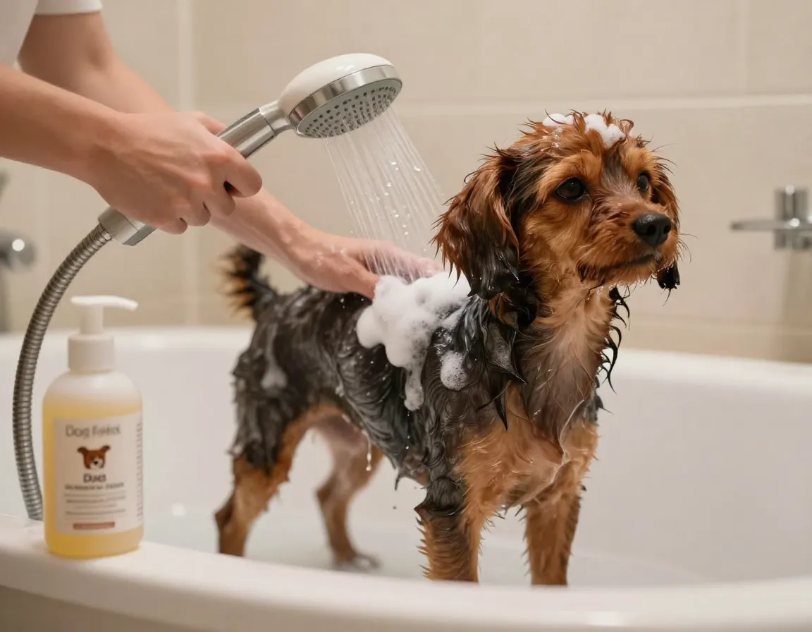 Bathing a wet toy poodle with dog shampoo in a bathtub