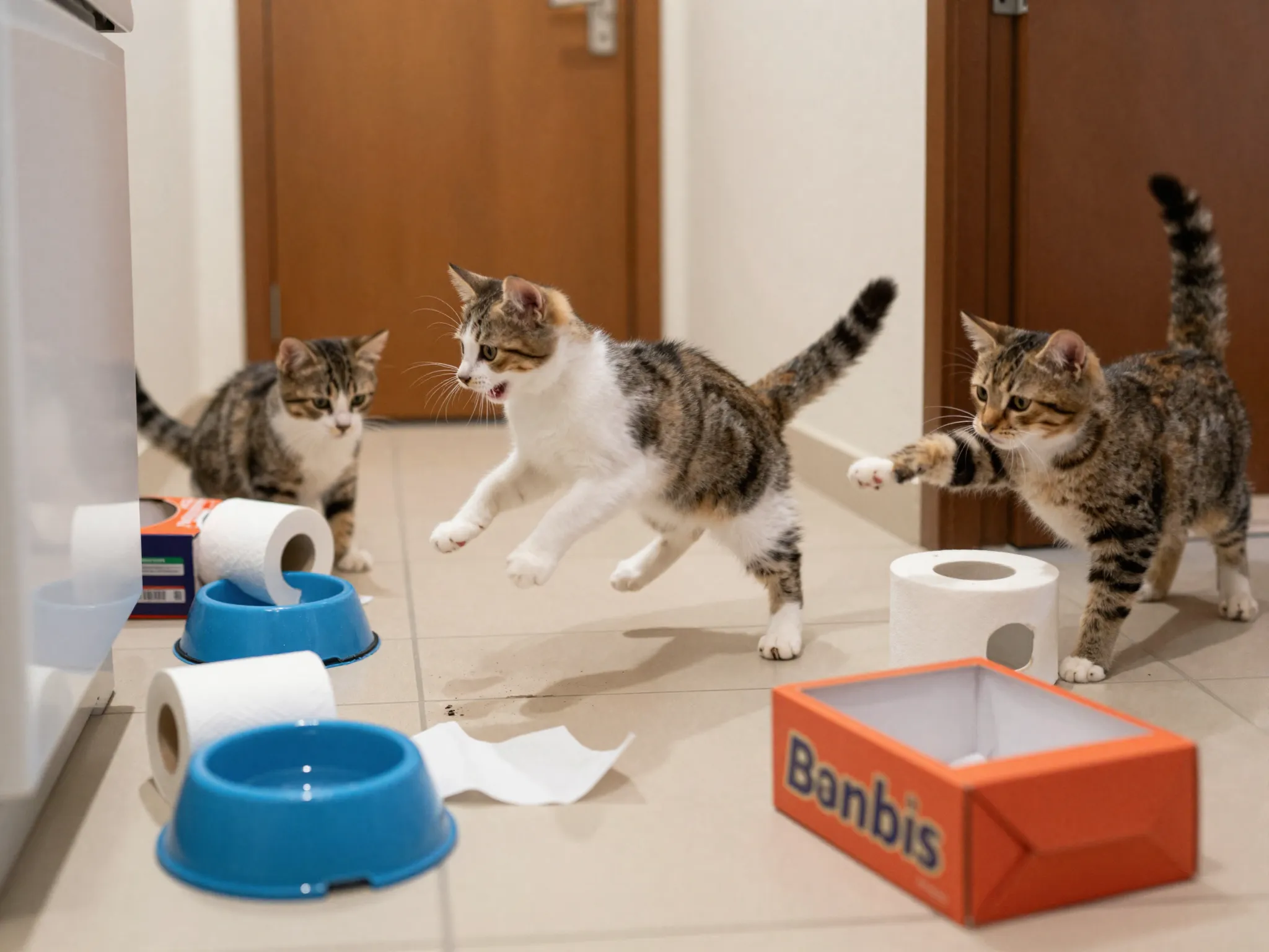 Captain chaos kitten creating synchronized playful mayhem