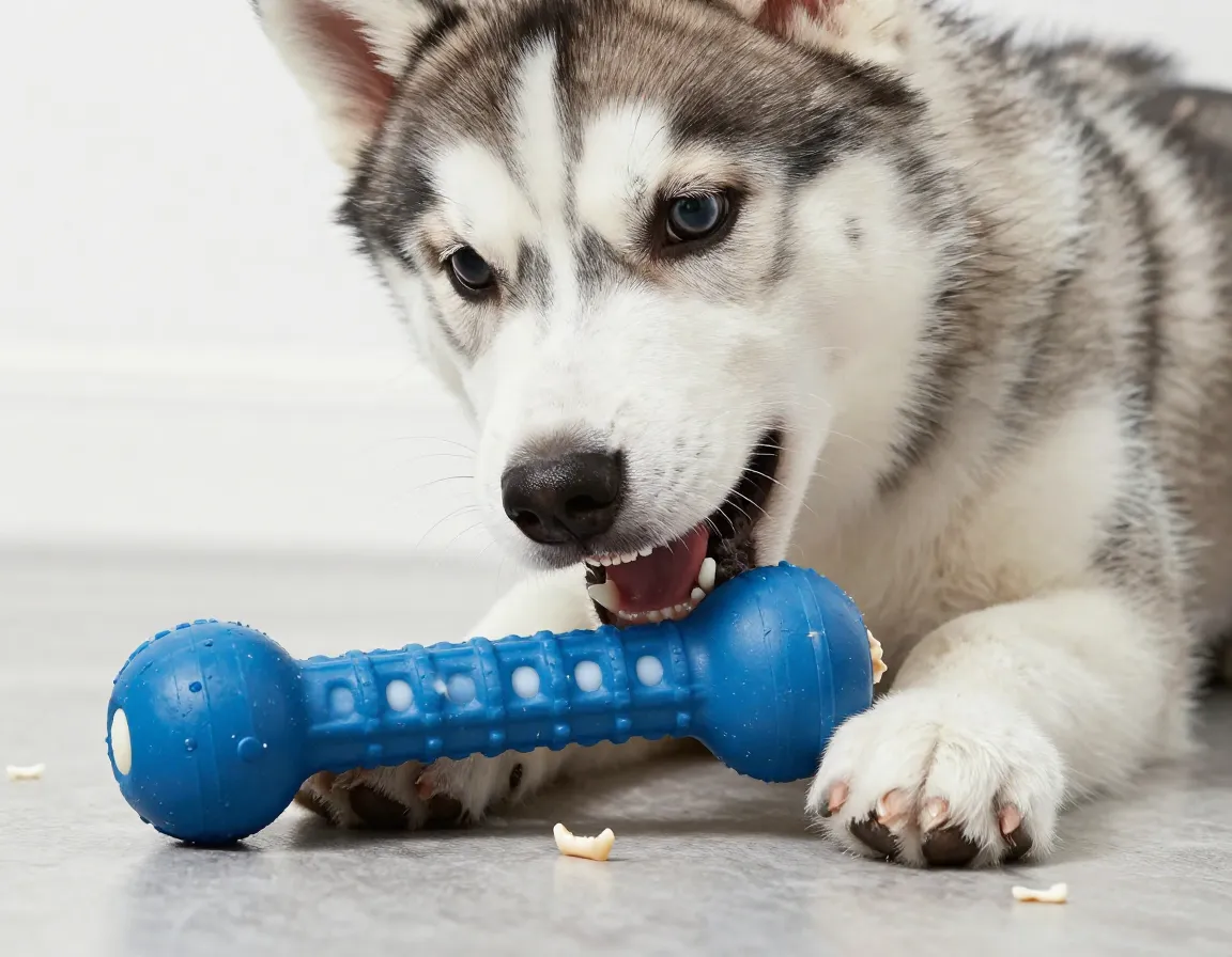 Juvenile husky puppy chewing approved toy beside scattered baby teeth