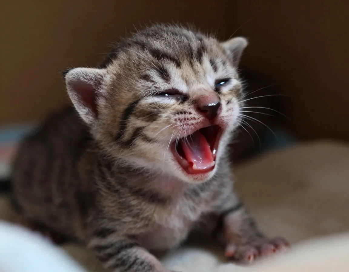 Newborn kitten showing hunger cues with mouth open and rooting