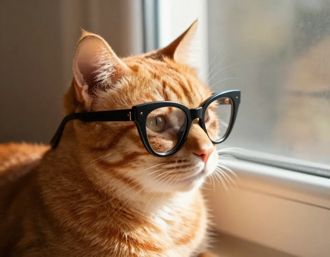 Vintage black cat eye glasses on a ginger cat in sunlight