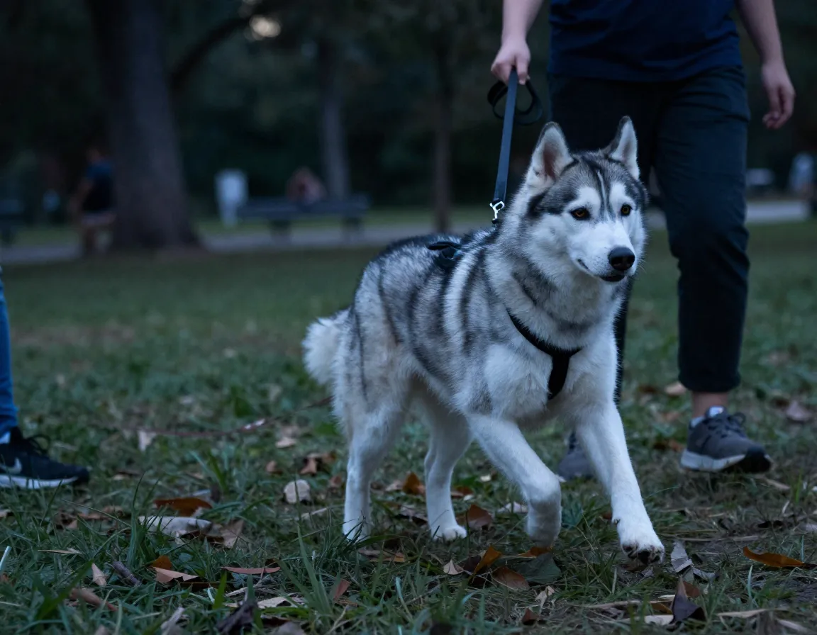 Adolescent husky testing boundaries by ignoring command in park