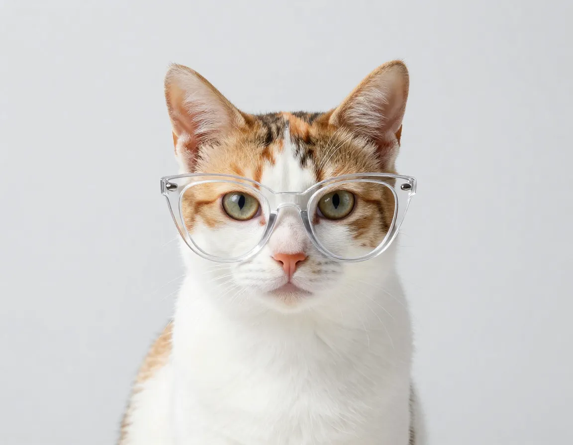Clear polymer cat eye glasses on a calico cat minimalist setting