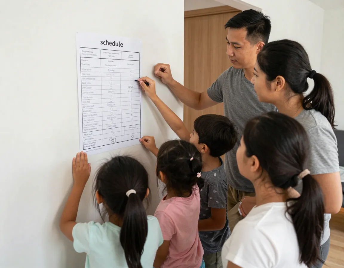 Family reviewing written potty schedule posted on apartment wall