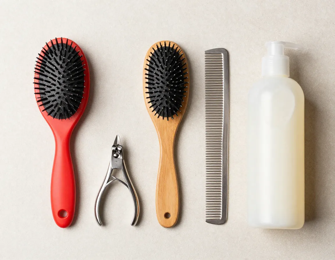 Flat lay of slicker brush pin brush metal comb and nail clippers