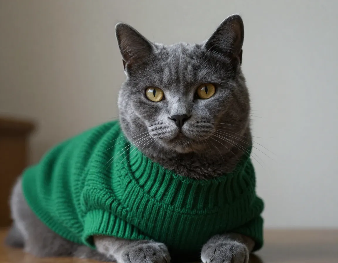 Philosophical gray cat wearing forest green sweater in contemplation