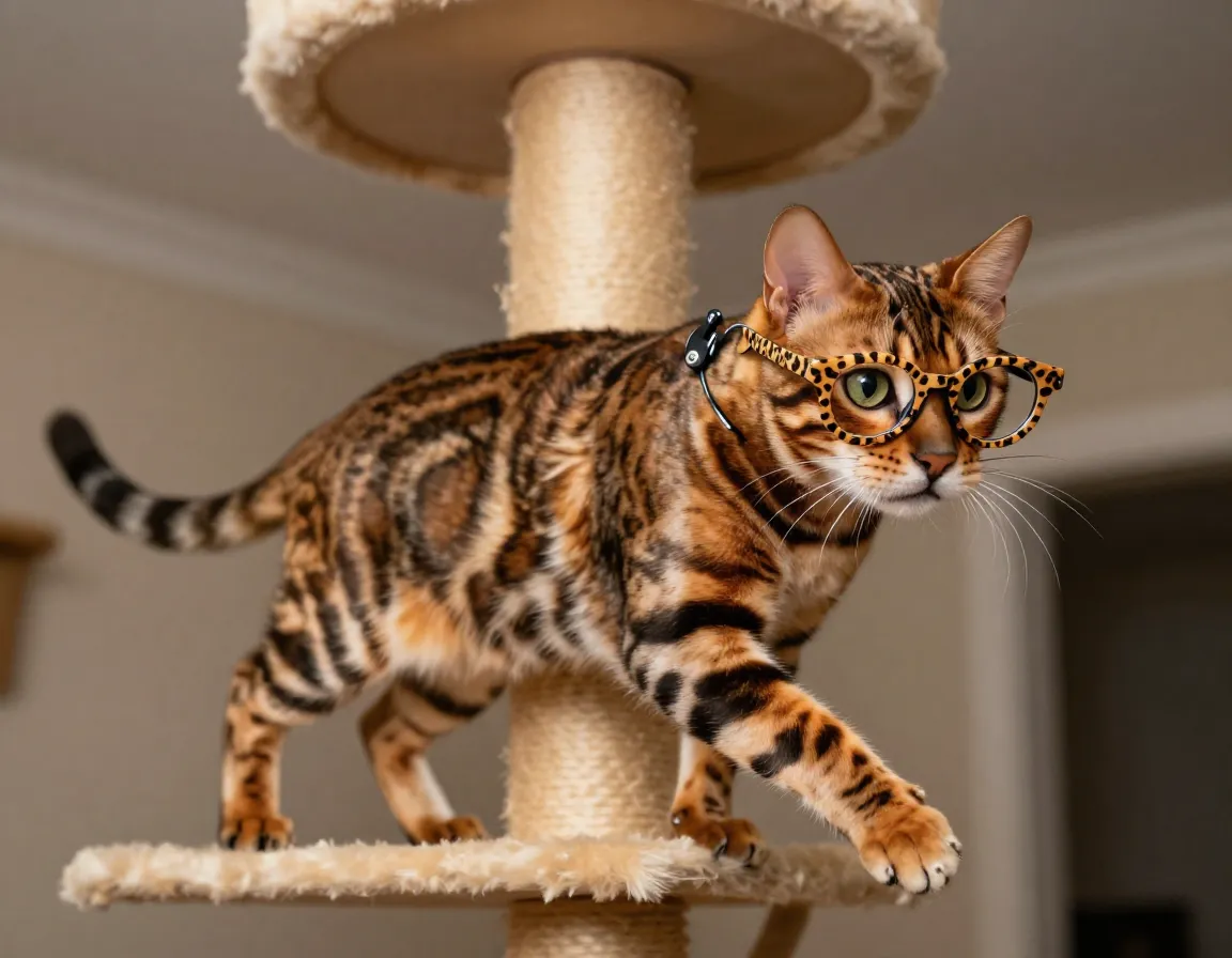 Active bengal cat wearing leopard print frames on cat tree