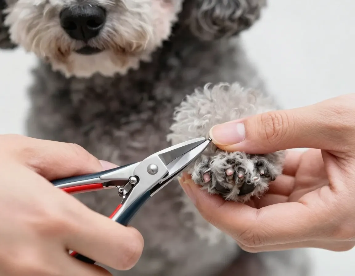 Close up of trimming a toy poodles nail with dog clippers