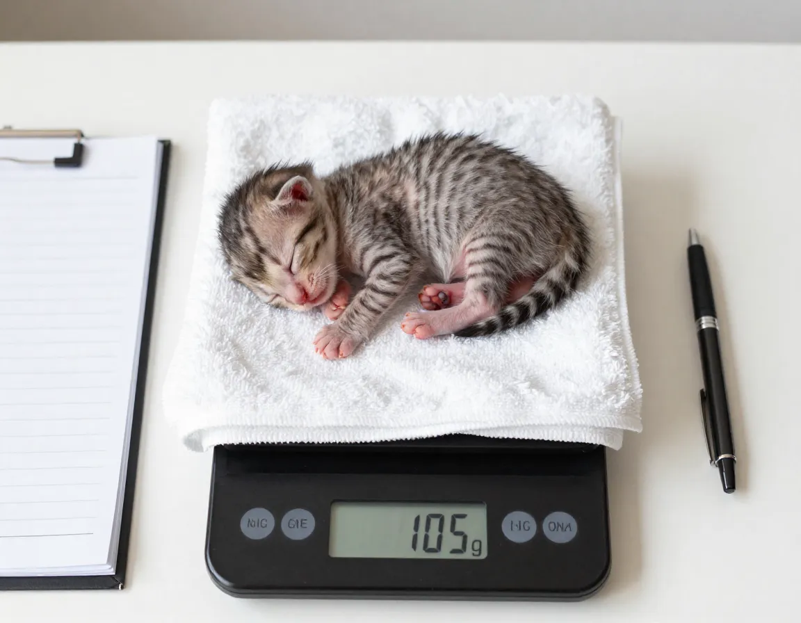 Digital scale weighing a healthy sleeping newborn kitten on a towel