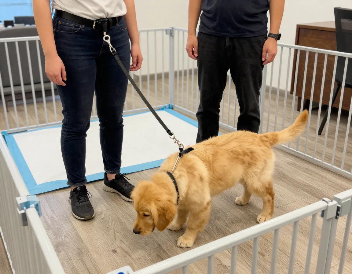 Person wearing waist leash attached to puppy supervising pad area