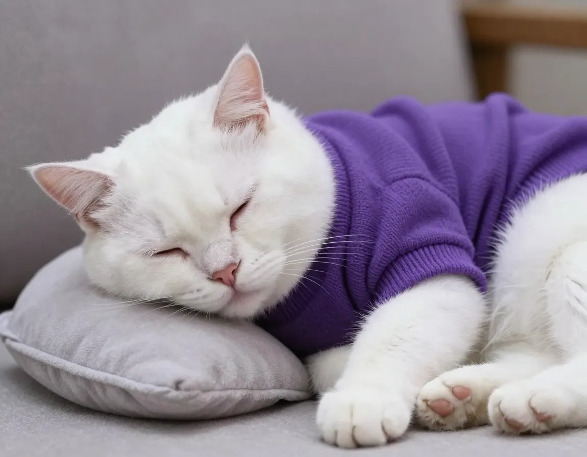 Sleepy white cat wearing purple sweater in drowsy contentment
