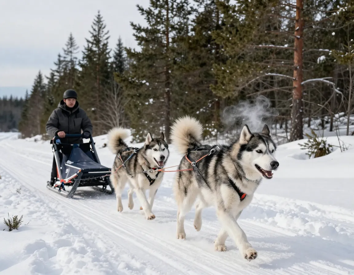 Young adult husky in harness pulling sled across snowy trail