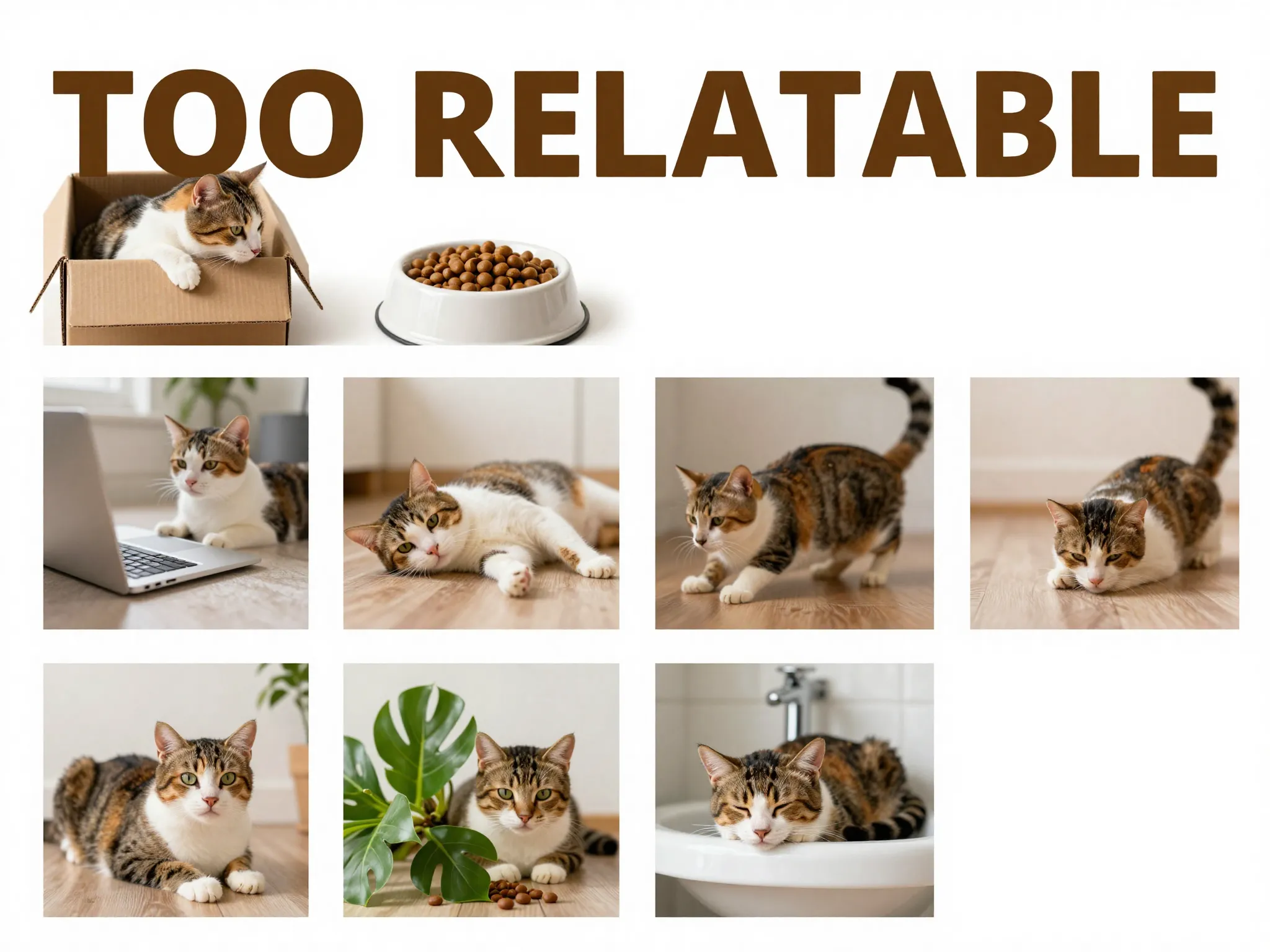 Seven candid cat behaviors grid on clean white background