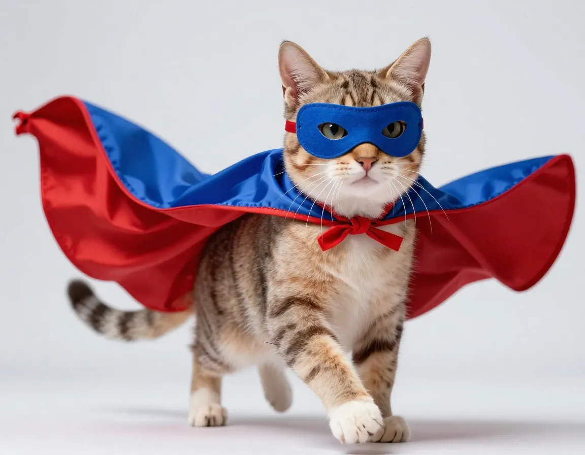 A cat wearing a bright color cape and velcro mask