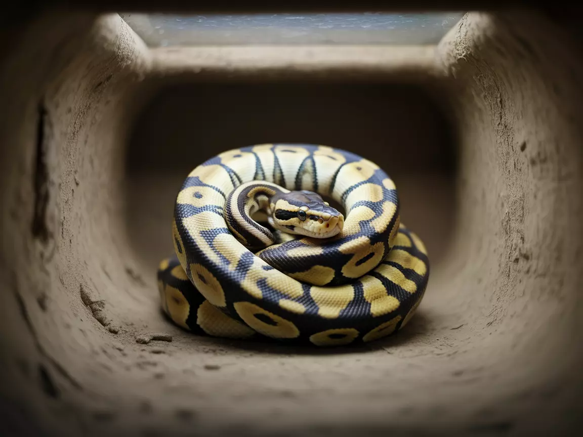 Ball python tightly coiled defensive ball head hidden enclosure