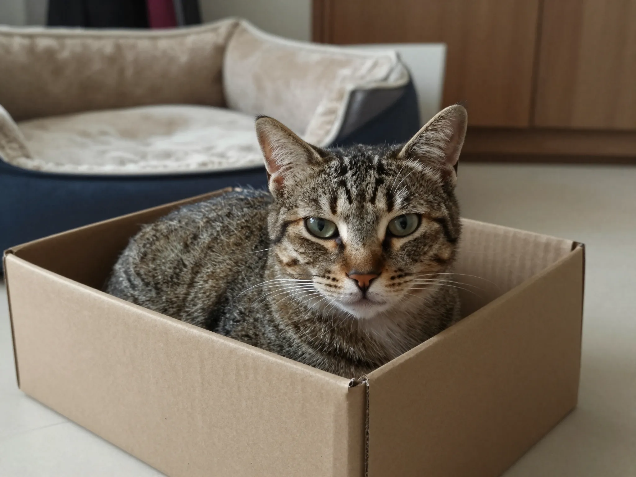 Cat squished in tiny cardboard shoebox ignoring luxury bed