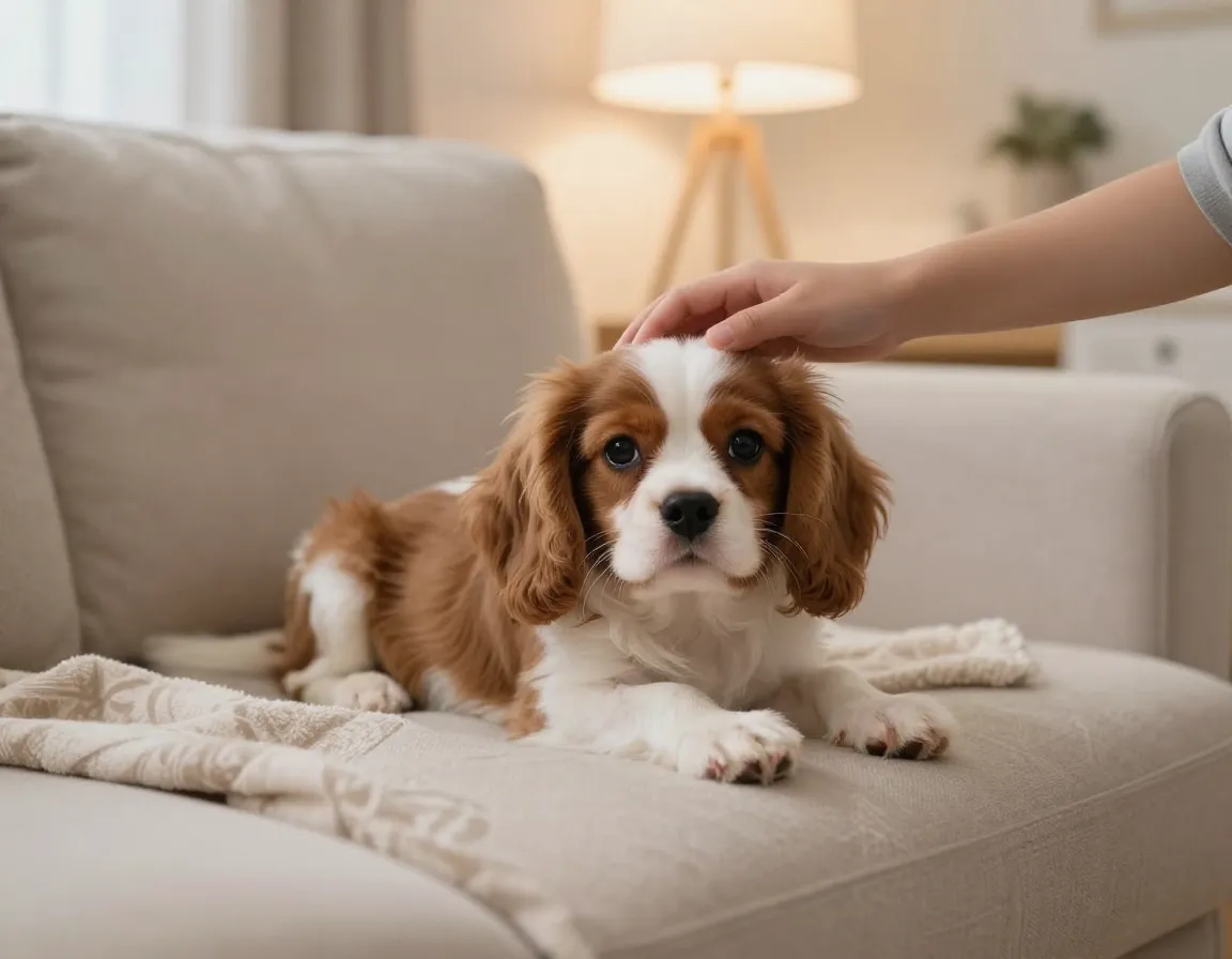 Cavalier king charles spaniel puppy in cozy family living room