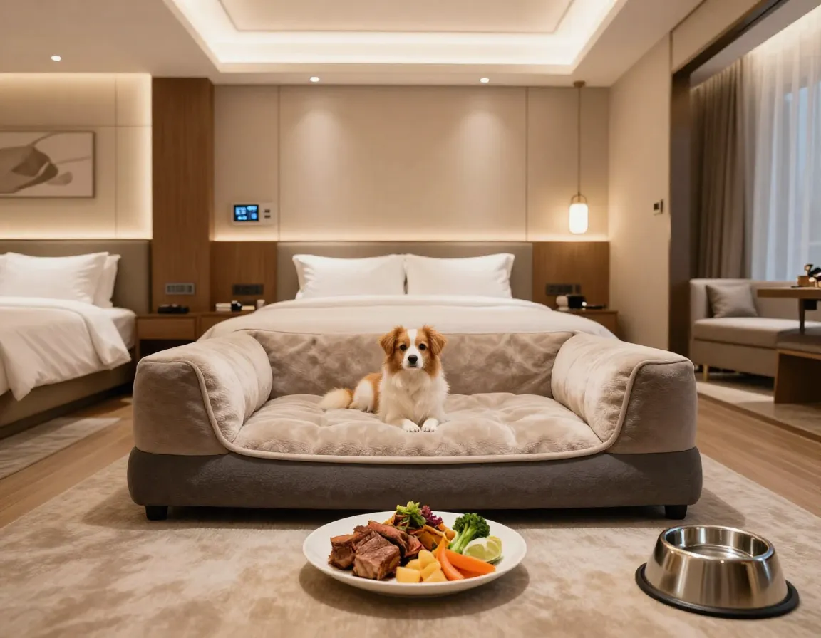 Luxury resort spacious private suite with orthopedic dog bed and gourmet meal