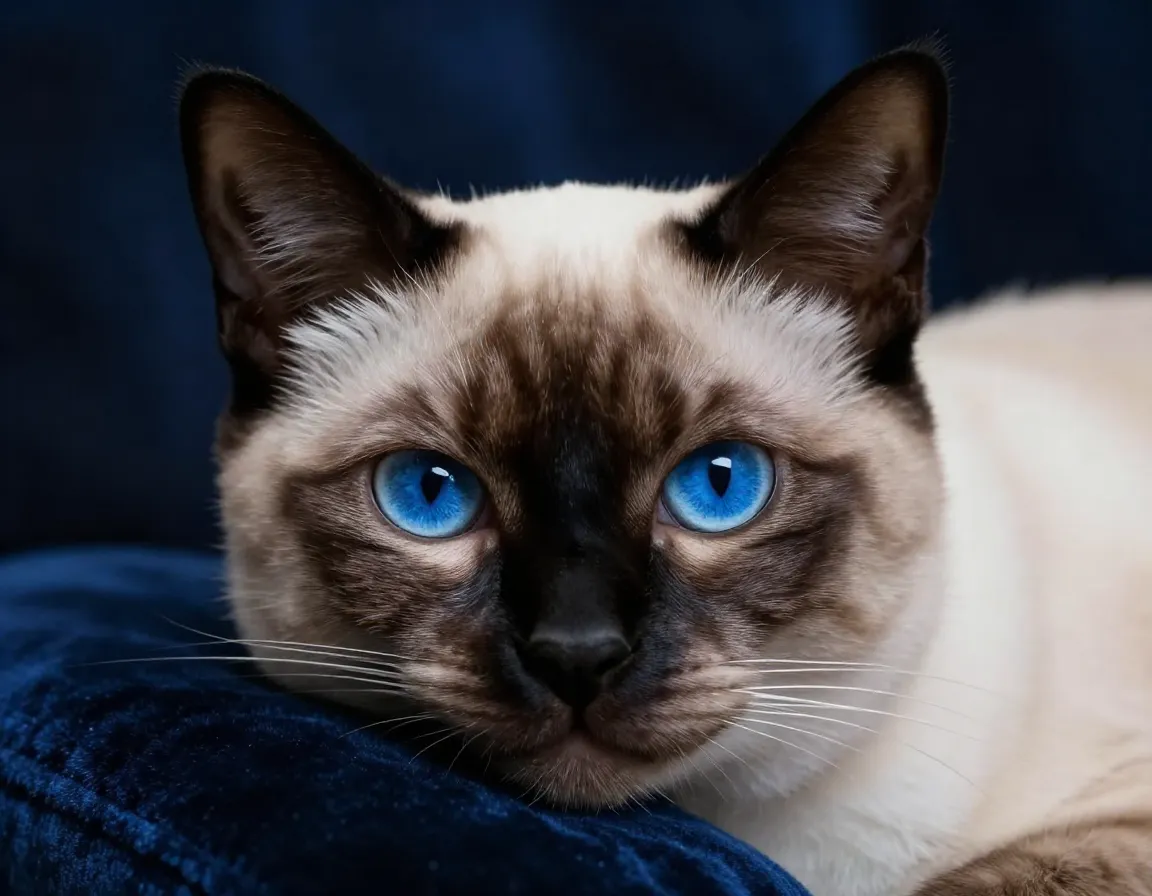 Sapphire blue siamese cat on velvet cushion close up photorealistic