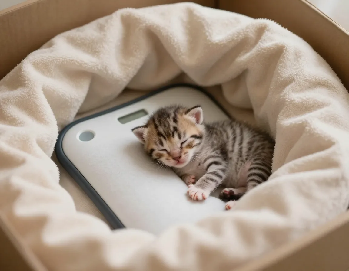 Tiny kitten on heating pad surrounded by soft blankets in cozy nest