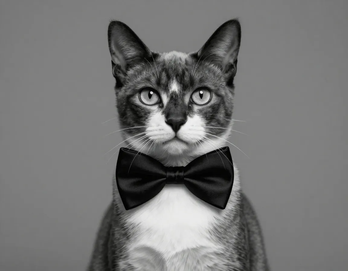 A distinguished cat wearing a black bow tie