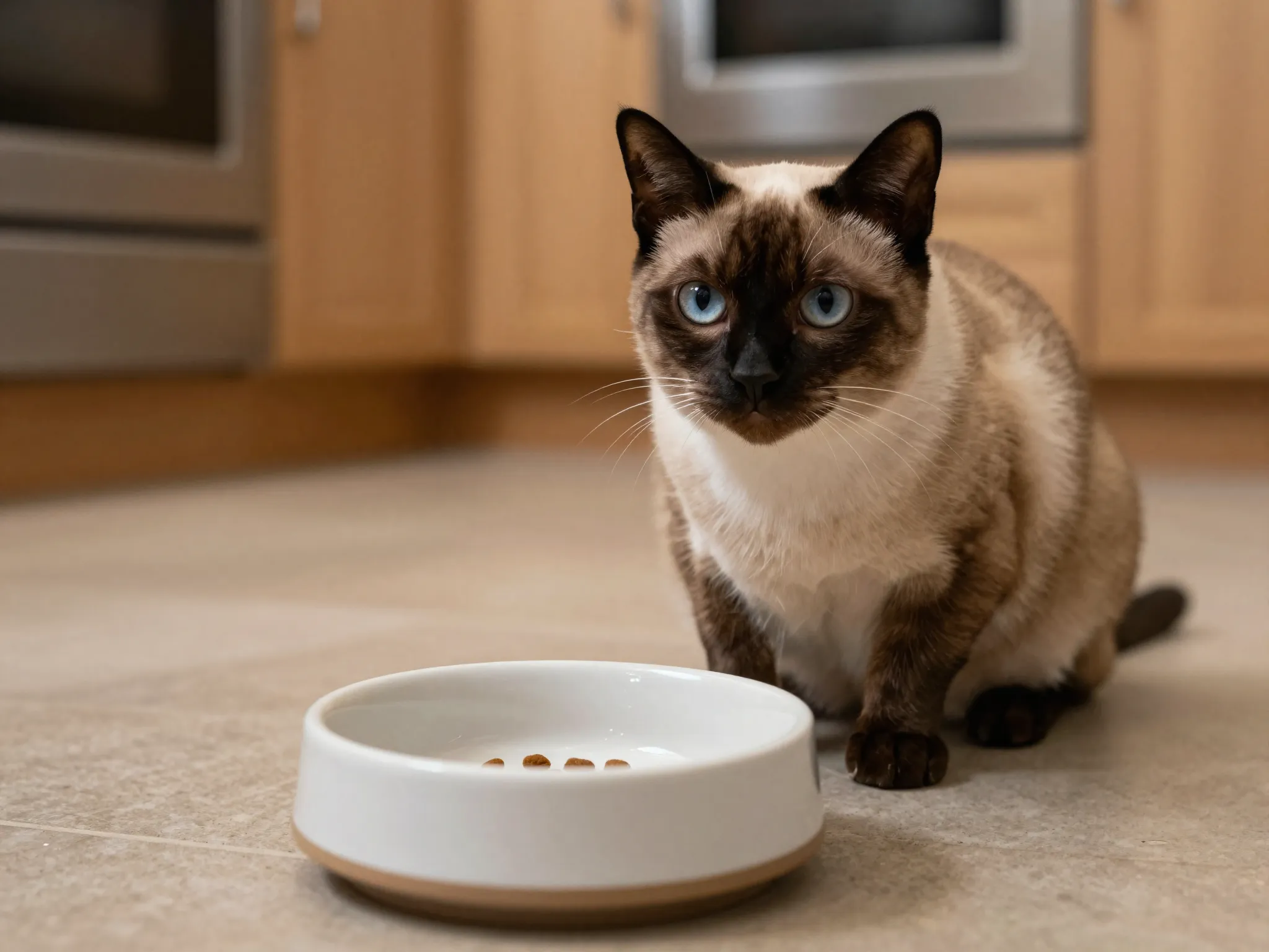 Dramatic cat staring at empty food bowl with betrayed expression