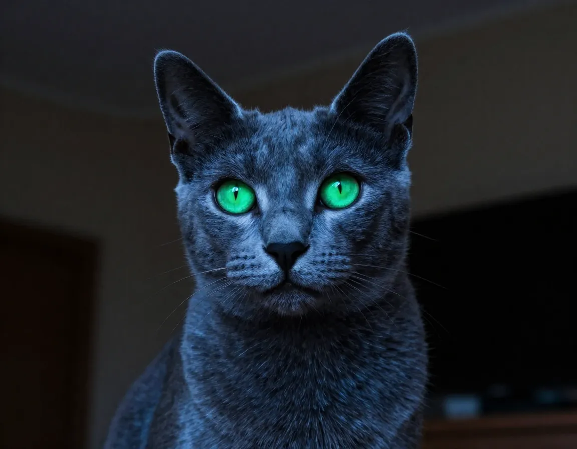 Emerald green russian blue cat glowing eyes in dim light
