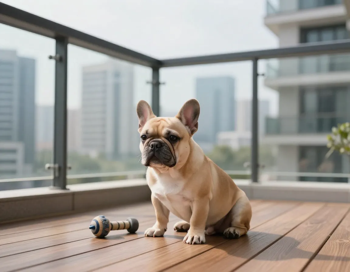 French bulldog puppy resting on apartment balcony