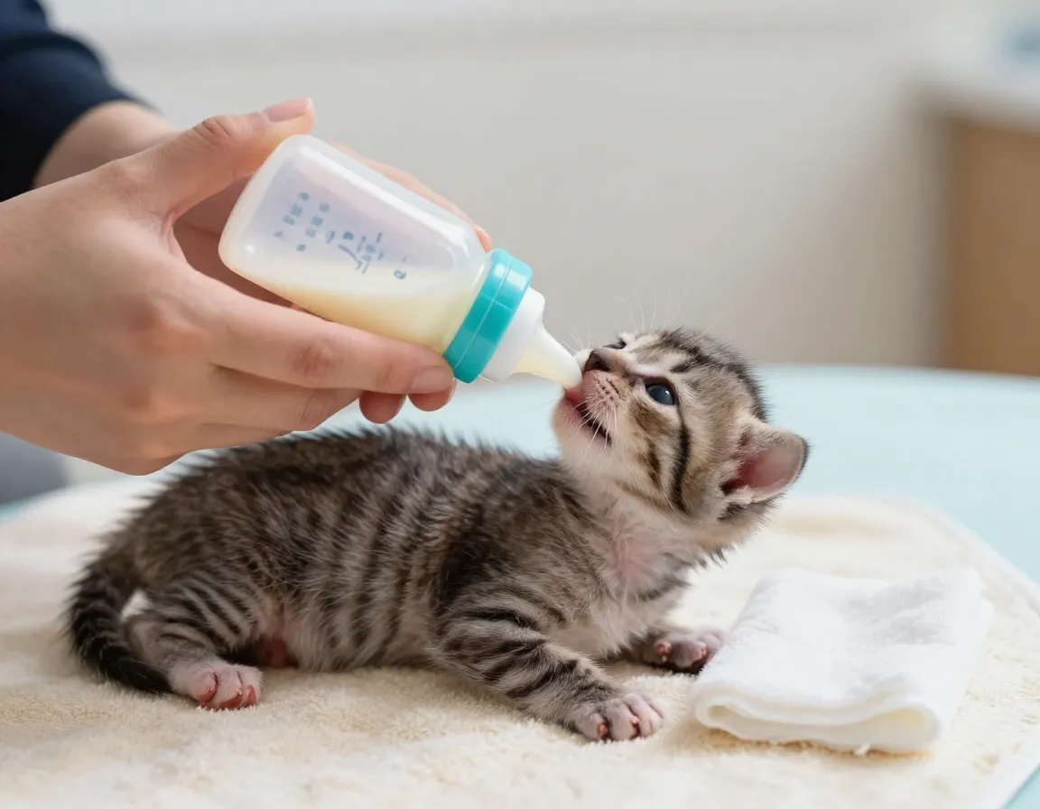 Person bottle feeding a newborn kitten positioned on its stomach