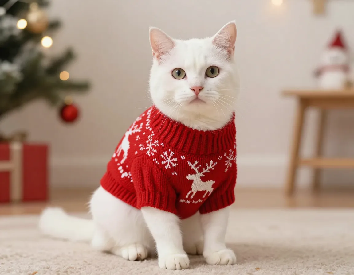 A white cat wearing a red christmas sweater