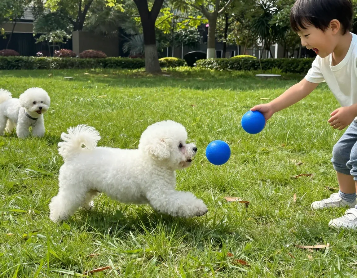 Bichon frise puppy playing with child in sunny park