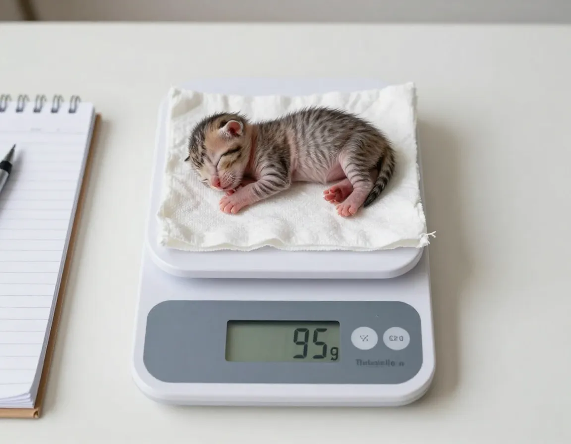 Digital scale displaying weight of a tiny sleeping newborn kitten
