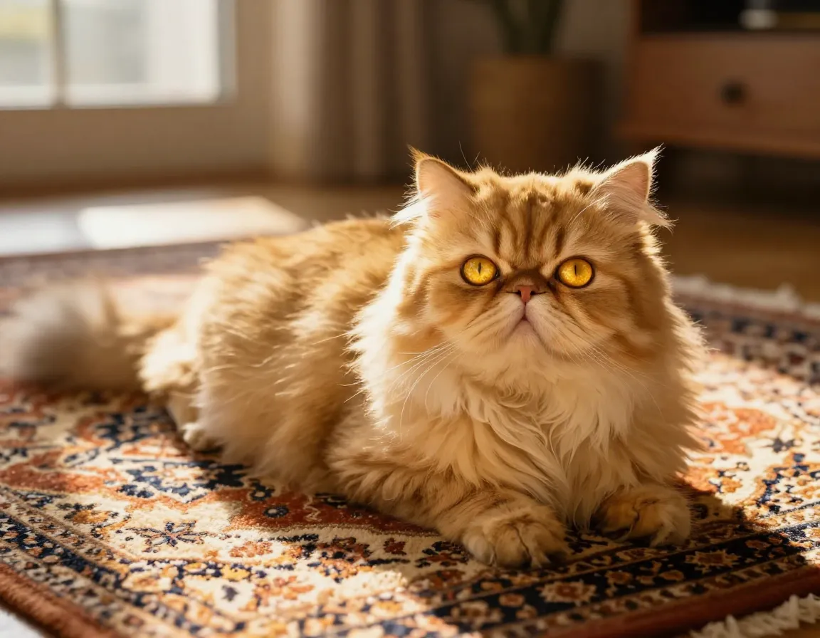 Golden eyed persian cat sunbeam on persian rug warm light