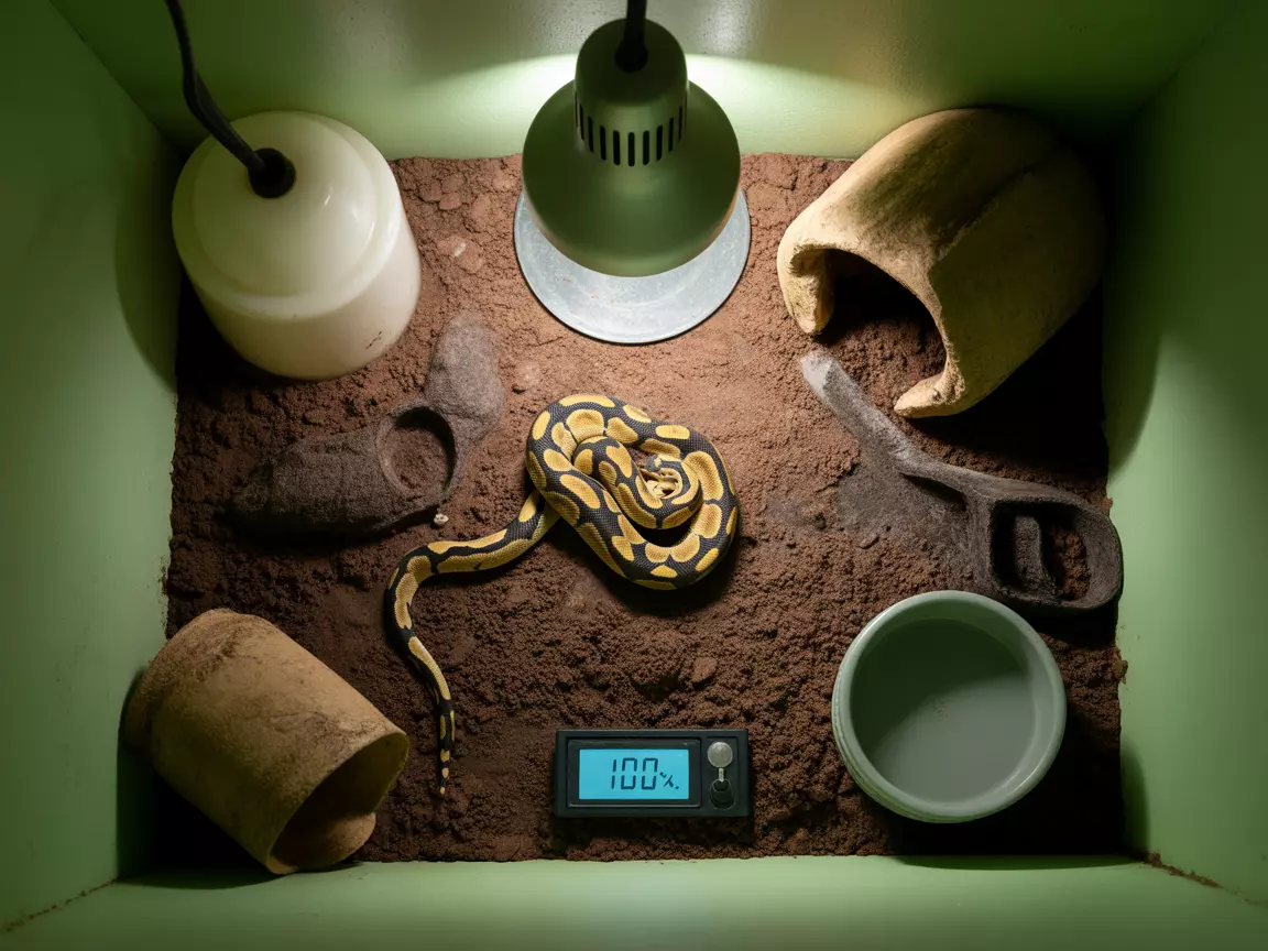 Overhead view stressed ball python balled up poor habitat conditions