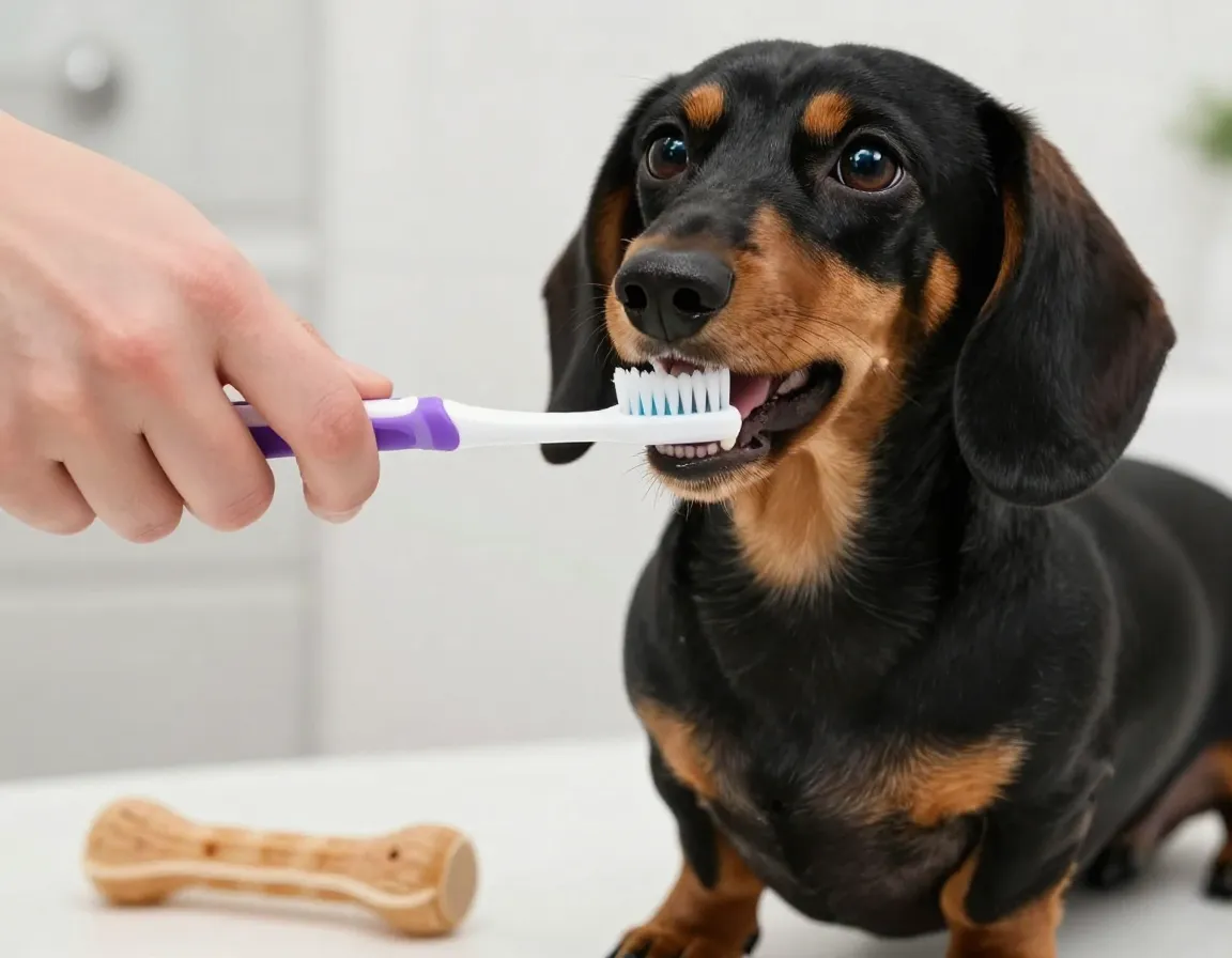 Person brushing miniature dachshund teeth with dog toothbrush