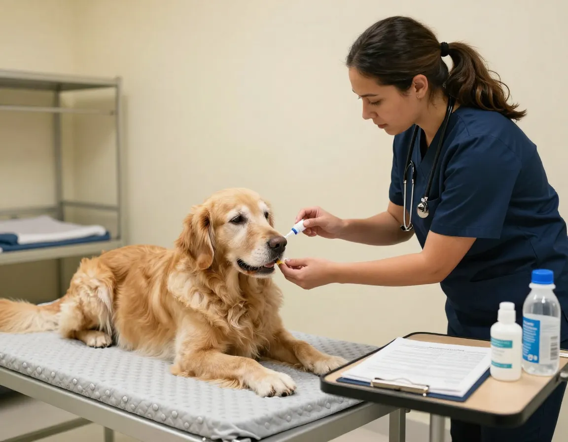 Veterinarian technician administering medication to senior dog in boarding suite