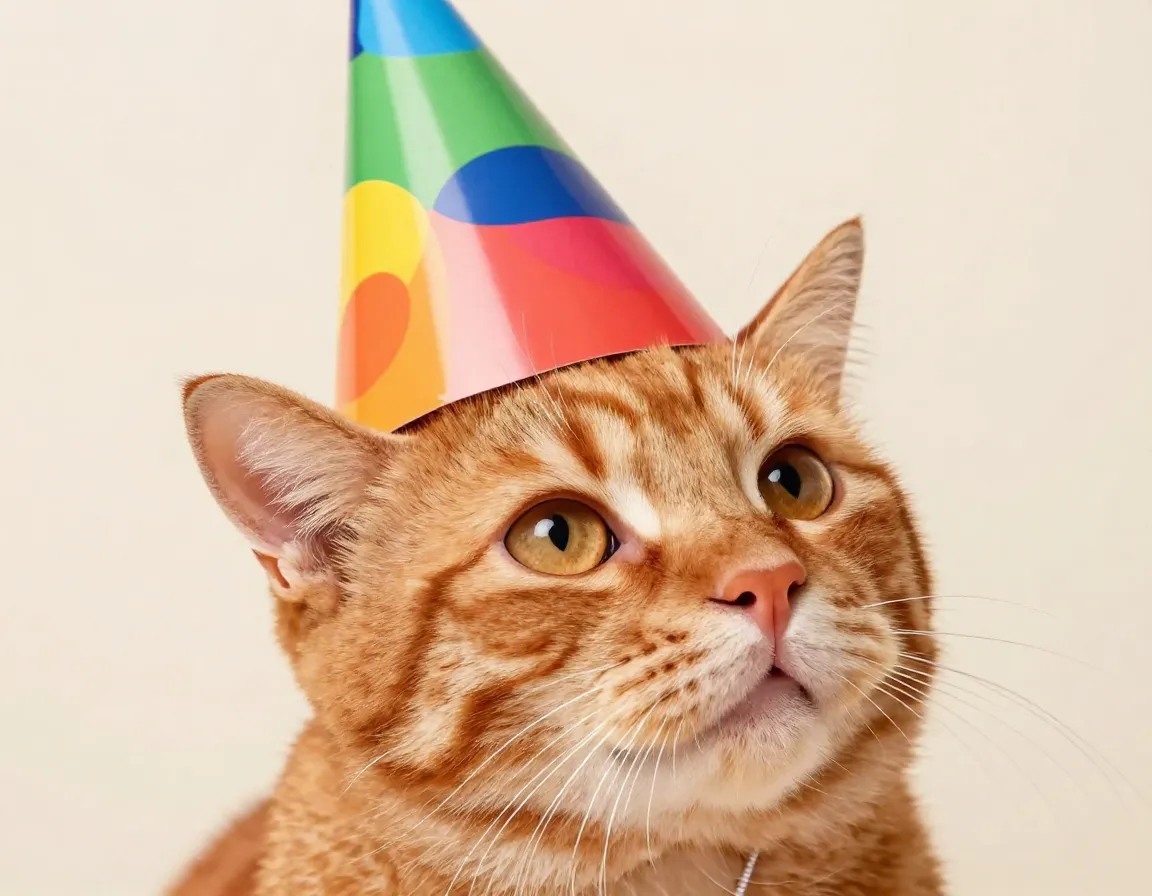A ginger cat wearing a colorful party hat