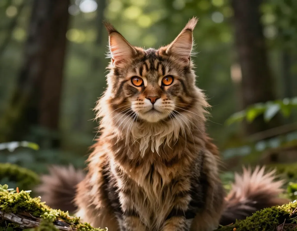 Copper eyed maine coon cat majestic forest background regal