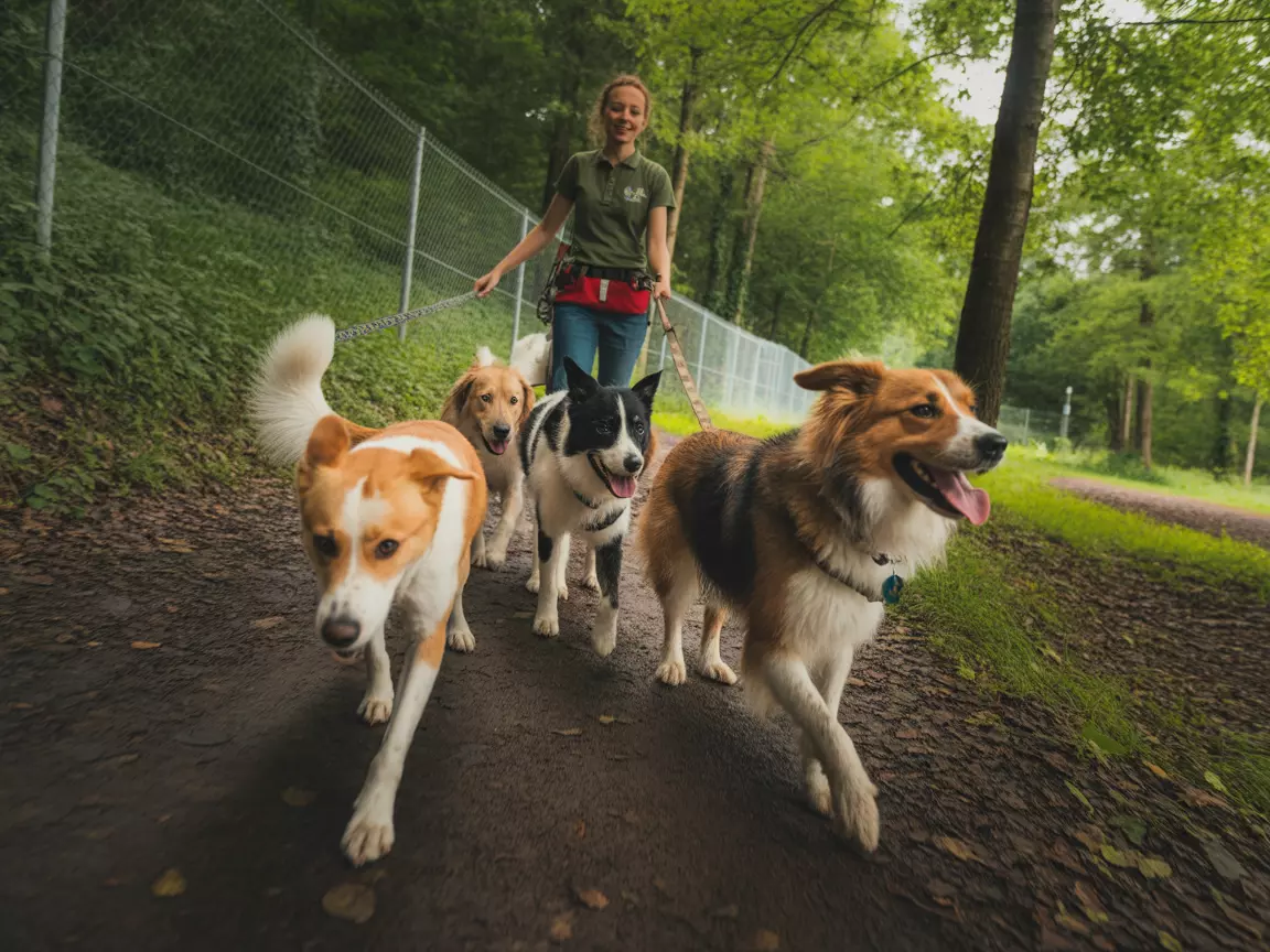Group of dogs hiking on secure forest trail with staff guide