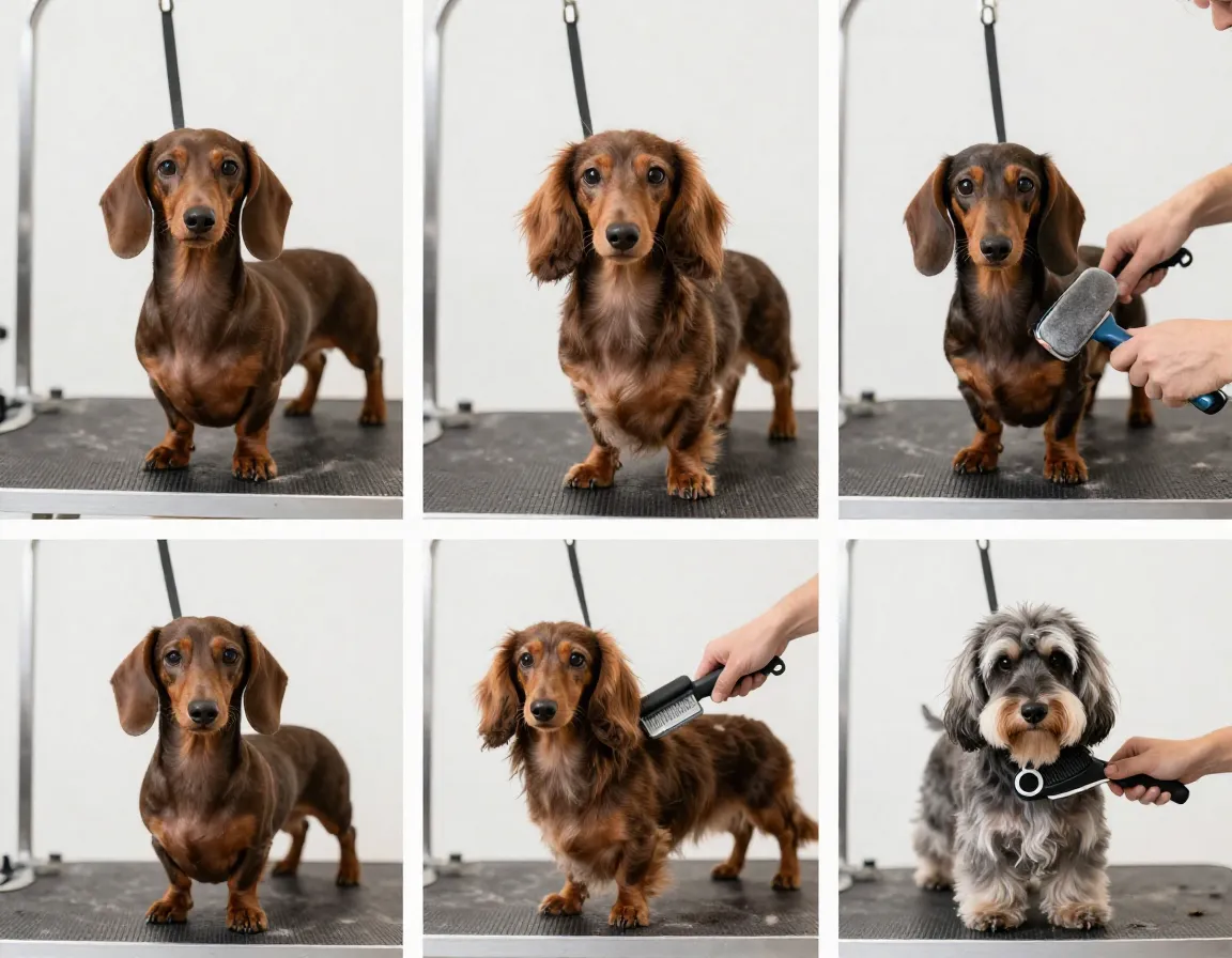 Three mini dachshund coats groomed with specific brushes on table