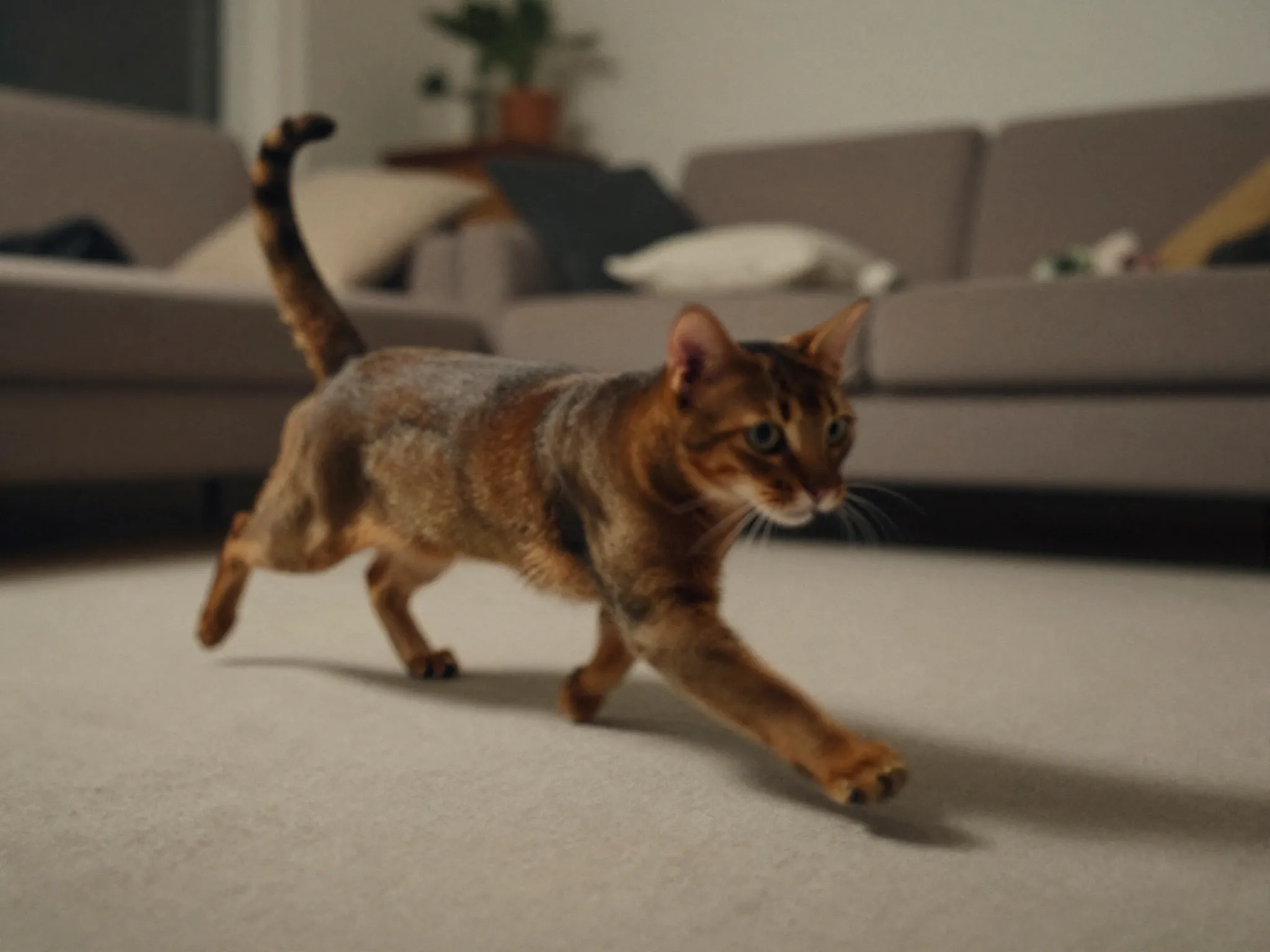 Blurred cat sprinting through living room during midnight zoomies
