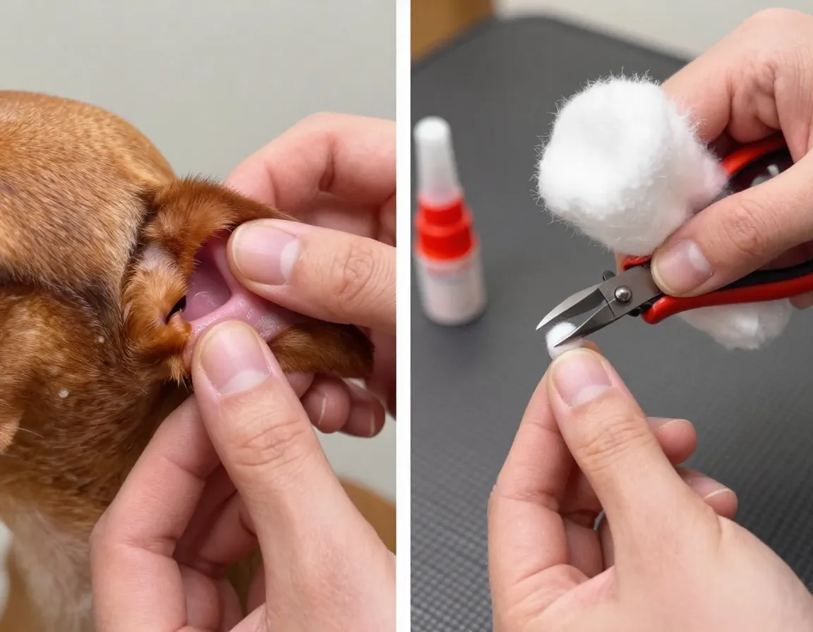 Closeup of dachshund ear cleaning and nail trimming with clippers