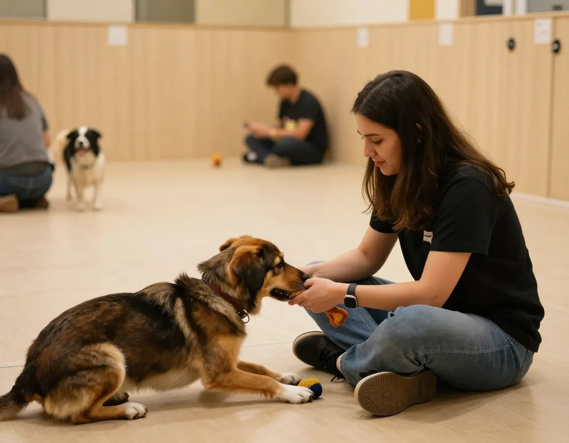 Staff member giving one on one playtime attention to single dog